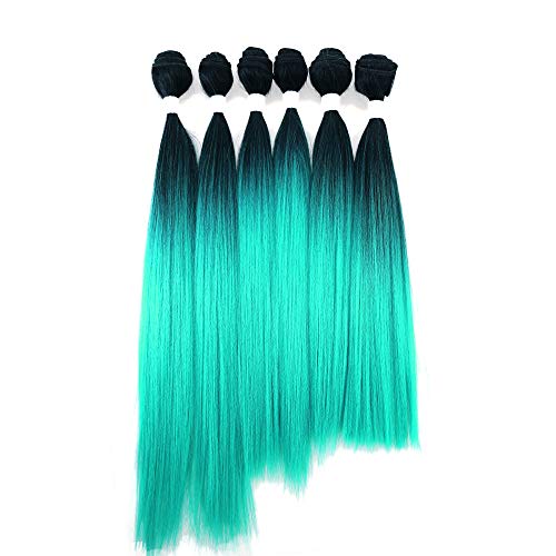 X-TRESS Synthetic Hair Bundles with Closure Ombre Teal Blue Yaki Straight Weft Weave Swiss Lace Hair Extension Heat Resistant for Women Sew In - Image 2