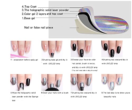 Solid Holographic Laser Powder Holo Golden Silver for Nails Mirror Chameleon Effect Multi Chrome Manicure Pigment Glitter Salon Home Nail Art DIY Deco 0.04oz/1g*2 Sponge Tool/4pcs - Image 5