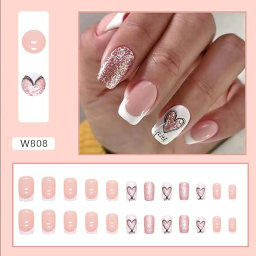 Valentines Day Press on Nails Medium Square Glitter Fake Nails Coffin Acrylic Nails with Shining Heart Designs Valentines Nails Full Cover Glue on Nails Artificial False Nails for Women Manicure 24Pcs - Image 2