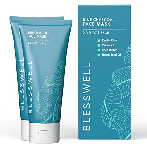 Blue Charcoal Face Mask - Men's Natural Cleansing Skincare - Pore Reducing, Skin Hydrating, Brightening, Clay and Charcoal Facial Mask, For All Skin Types - Blackheads, Acne, Oily or Dry Skin (2-Pack)