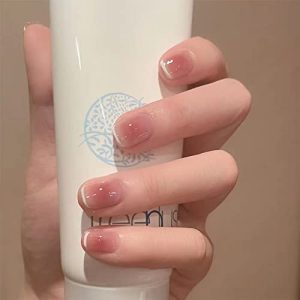 24-PCS French Press on Nails Short Fake Nails Blush Stain False Nails White Edge Fake Nails Burgundy Moose Pattern Fake Nails Glossy False Nails Full Cover Acrylic Nails for Women & Girls