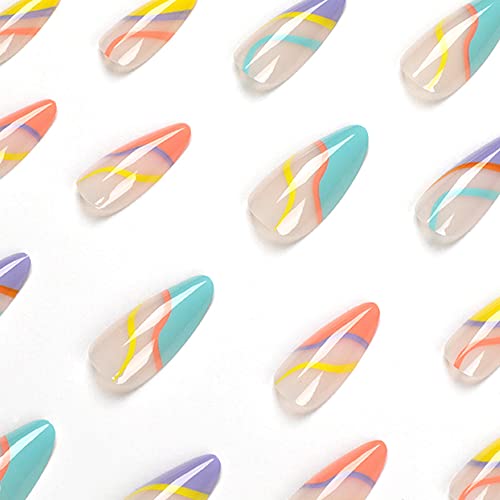 DOUBNINE 24PCS Press on Nails Medium Almond Rainbow Swirl French Tip Line Glossy Ballerina Fake Nails Acrylic Full Cover Luxury False Nails for Women - Image 2