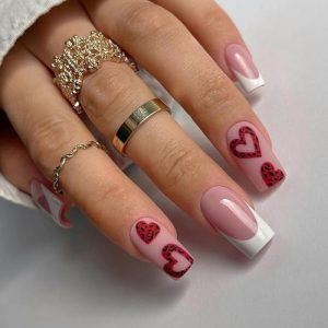 Medium Square White French Top Pink Leopard Heart Glossy Press On Nails,Handmade Durable Salon Reusable Matte Fake Nails for Women Girls, Nails in 12 Sizes - 24PCS Stick On Nails Kit