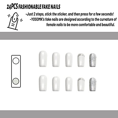 YOSOMK Luxury White Press on Nails Short Fake Nails with Silver Glitter Designs Glossy Acrylic Stick on Nails for Women and Girls - Image 5