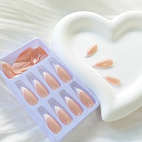 French Tip Almond Press on Nails Medium Fake Nails with Chrome Designs Stick on Nails Glossy Nude False Nails Mirror Glue on Acrylic Nails for Women Girls Summer Holiday DIY Manicure24PCS - Image 7