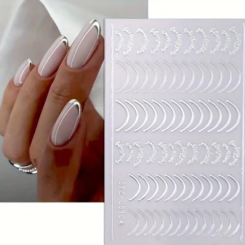 French Tips Nail Art Stickers - 3D Simple Lines Nail Stickers 6PCS Golden Rose Silver Curve Stripe Line Design French Nail Decals Self-Adhesive Nail Art Supplies Swirl Gel Nail Sliders for Women Girls - Image 4
