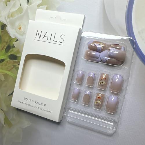 Medium Square French Tip Press on Nails - Purple Gradient with Gold Foil - 24 Piece Set - Image 5