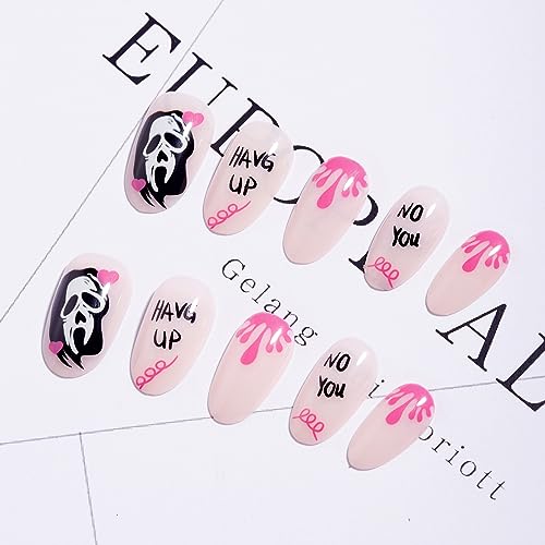 Halloween Press on Nails Short Almond Pink False Nails, Gel Acrylic Fake Nails with Glue, Salon Effect Natural Fit Reusable Glue on Nails Set 14Size 28Pcs, Halloween Design - Image 4