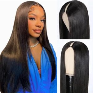 Wear And Go Glueless U Part Human Hair Wigs for Black Women Brazilian Remy Straight Short Bob Human Hair Half Wig (16 Inch)