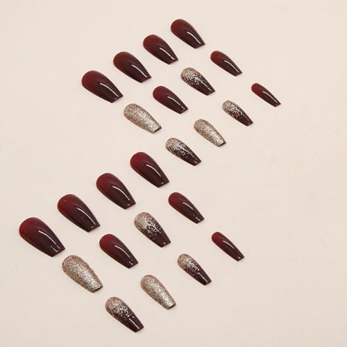 Dark Wine Red Medium Long Gradient Press on Nails with Gold Glitter - Image 3