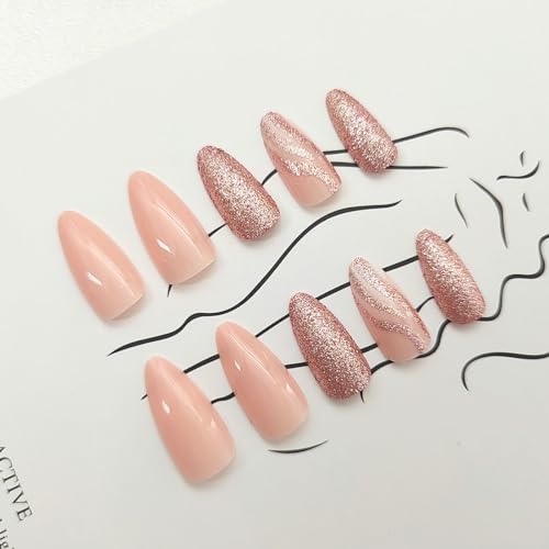 Press on Nails Short Bling Glitter Fake Nails Almond Acrylic Nails Nude Full Cover Nails Press ons Swirls False Nails White Lines Glue on Nails Glossy Stick on Nails for Women 24Pcs - Image 4