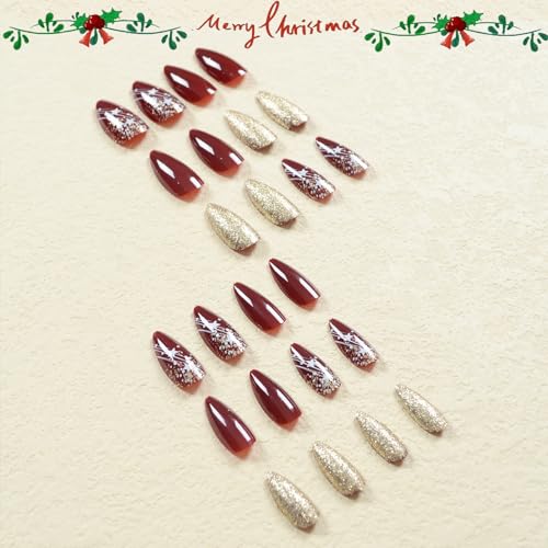 IMSOHOT Christmas Press on Nails Medium Almond Shape Fake Nails Dark Red Acrylic False Nails Glitter Gel Reusable Glossy Glue on Nails for Women and Girls 24Pcs - Image 3