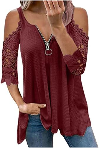 Women's Summer Tops 2024 3/4 Sleeve Lace Blouse Cold Shoulder Tunic Top Zipper V Neck Tee Tops Loose Casual T Shirts