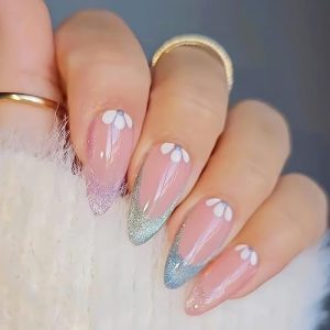 Press on Nails Almond Nails Colorful French Tip Nails Medium Fake Nails Glitter Glue on Nails with Flower Designs Acrylic Nails False Nails Cute Nails for Women and Girls 24Pcs