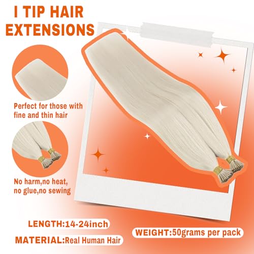 Sunny Itip Human Hair Extensions 20inch I Tip Hair Extensions Human Hair Platinum Blonde Cold Fusion I Tip Hair Extensions Blonde Itip Hair Extensions Real Human Hair 50s 50g - Image 2