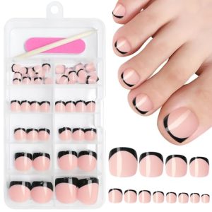 AddFavor 120pcs Nude Press on Toenails, French Black Press ons Toe Nails Short Square Full Cover Glossy Acrylic False Toes Nail Tips for Women Girls Foot Manicure
