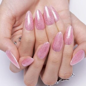 Light Pink Glitter Medium Almond Reusable Acrylic Press On Nails Kit 24 Pieces