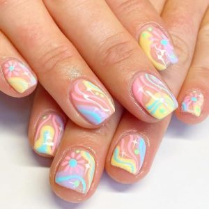 24 Pcs Square Press on Nails Short Pink Sunflower Fake Nails Flower Acrylic False Nails Colorful Striped Glue on Nails Full Cover Artificial Nails Spring and Sunmer Stick on Nails for Women Decoration