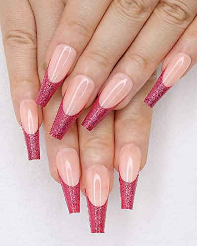Kikmoya 24pc Extra Long Coffin Red Glitter French Tip Press On Nails for Women - Image 7
