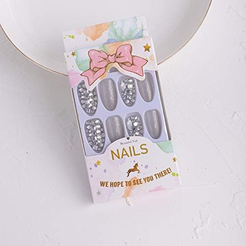 Xerling Bling Silver Glitter Oval Press On Nails with Rhinestones for Women 24 Pcs - Image 4