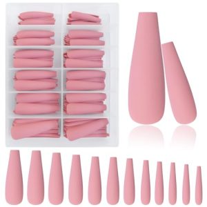 AddFavor XXL Extra Long Press on Nails Coffin Matte Fake Nails Full Cover Acrylic False Nails 12 Sizes 120pcs Pink Nail Tips for Women Fingernails Manicure Design