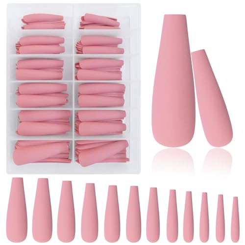 AddFavor XXL Extra Long Press on Nails Coffin Matte Fake Nails Full Cover Acrylic False Nails 12 Sizes 120pcs Pink Nail Tips for Women Fingernails Manicure Design