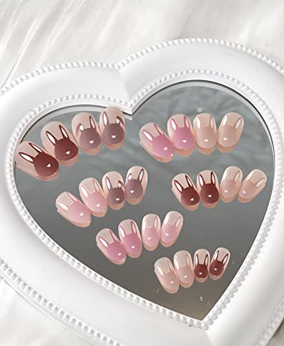 Easter Press on Nails Medium French Tip Almond Fake Nails Nude Pink Full Cover False Nails with Bunny Designs Cute Matte Acrylic Nails Artificial Nails for Girls Women 24 Pcs - Image 5