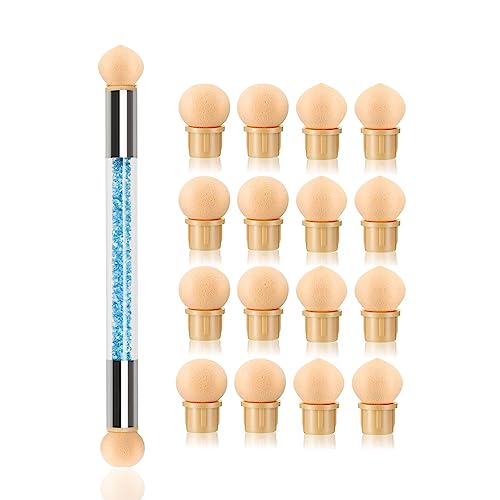 Blue Double-Head Ombre Nail Sponge Brush Kit with Rhinestone Handle 16 Replacement Heads