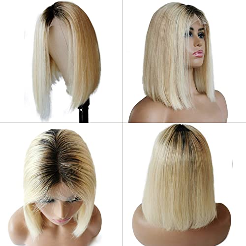 Ombre Blonde Dark Root Lace Front Bob Wig Pre Plucked Sexy Straight Virgin Real Human Hair Closure Wigs Invisible Headline for Women 13x1x4 Lace Frontal Bob Glueless 1B613 Colored 16 inch - Image 2