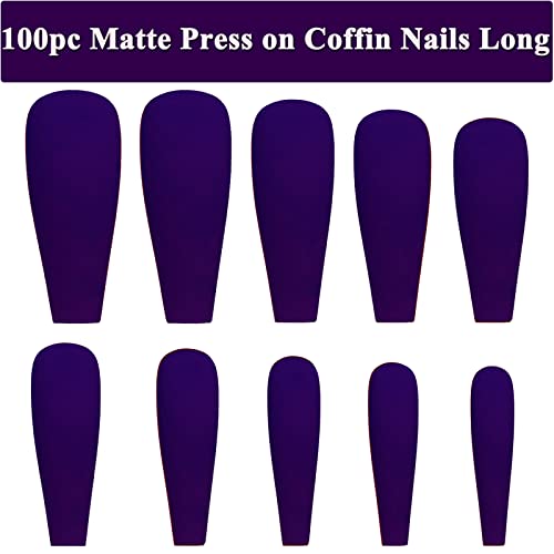 LoveOurHome 100pc Coffin Press on Nails Long Fake Nails Matte Full Cover False Nails Press ons Artificial Nail Medium Ballerina Fake Fingernail Violet Presson on Nail Tips for Women Kids Girls - Image 4