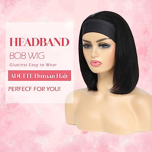 Bob Human Hair Headband Wigs Straight Headband Wigs For Black Women Short Bob Human Hair Wigs Color 1B Natural Black None Front Lace 150% Density Brazilian Human Hair Headband Wig (12") - Image 2
