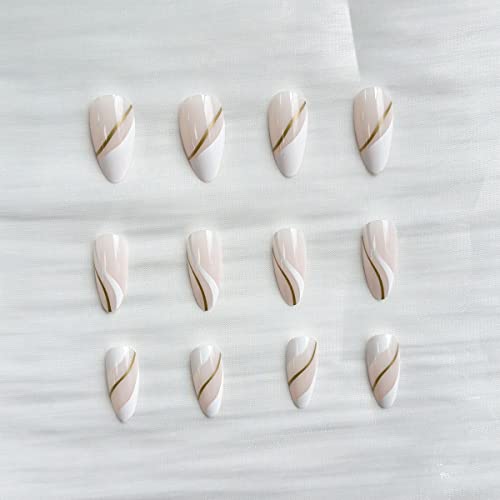 French Tip Press on Nails Medium Almond Fake Nails Nude Full Cover Acrylic False Nails Cute Glue on Nails with Golden Line Design Stick on Nails for Women and Girls 24Pcs - Image 3