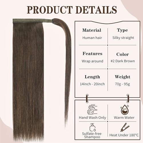 20" Human Hair Ponytail Extensions 95g #2 Dark Brown 100% Remy Human Hair Wrap Around Long Ponytail Clip in Hair Extensions Straight One Piece Hairpiece (20", Dark Brown) - Image 2