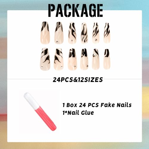 IMSOHOT Coffin Press on Nails Long Press on Nails White French Tips Black Flame False Nails with Designs Rhinestone Full Cover Glossy Ballerina Acrylic Nails for Women 24Pcs - Image 6