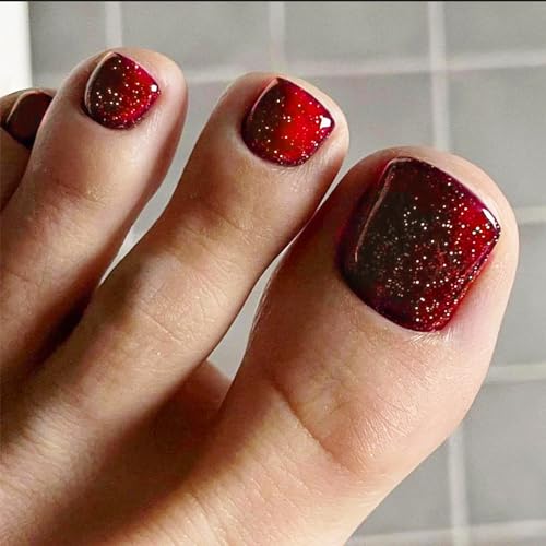 24Pcs Gel Nail Press on Toe Nails Glossy Red Acrylic False Toes Nails Sparkly Short Square Fake Toenails Cute Shine UV Full Cover Artificial Toenail Manicure Art Gel Toe Nails for Coquette Women Girls