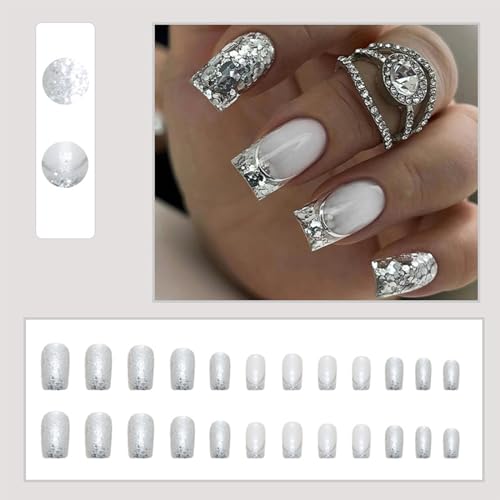 24 PCS French Tip Press on Nails Medium Square Fake Nails Silver Glitter Full Cover Glue on Nails Bling Sequins False Nails Reusable Artificial Nails for Women DIY Manicure Decoration Stick on Nails - Image 2