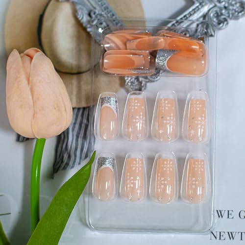 Christmas Snowflake Medium Square Press on Nails 24 PCS Glossy Full Cover for Women - Image 5