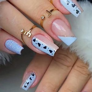 24 Pcs Nude Pink Press on Nails Medium Square - BHLFRH Cute Fake Nails Press ons Blue Oblique French Glitter Design False Nails Full Cover Glossy Acrylic Artificial Glue on Nails Art Tips Manicure