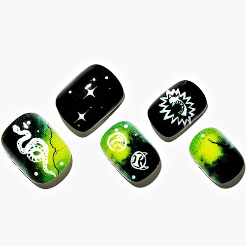 GLAMERMAID Press on Nails Squoval,Green Gel False Nails with Design,24 PCS Glue on Nails,Reusable Acrylic Stick on Nails Tips Manicure Set for Women,Serpentine Siren