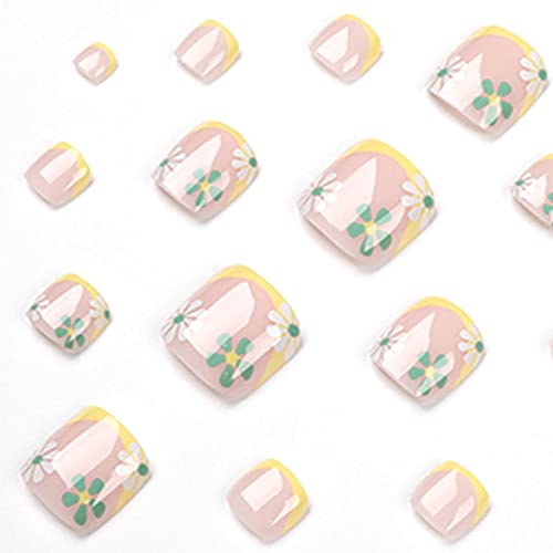 24 Pcs Short Square Yellow French Tip Toenails with Floral Design, Full Cover - Image 2