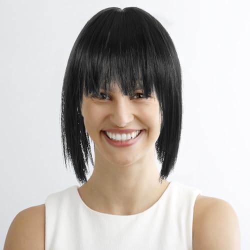 NOLITOY Invisible Human Toppers Women Clip In Toppers with Bangs Fringe Straight Bangs Women Wiglets Hairpieces for Thinning Cover Black - Image 2