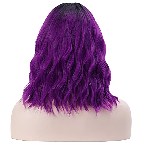 BERON 14-Inch Short Curly Black Purple Ombre Wig with Bangs for Women Girls - Image 4