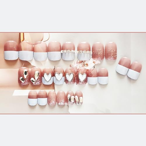 White Press on Nails Short Square Fake Nails French False Nails with LOVE & Rhinestone Design Full Cover Glossy Acrylic Nails Jelly Press on Nails for Women and Girls Fall Winter Manicure 24Pcs - Image 4