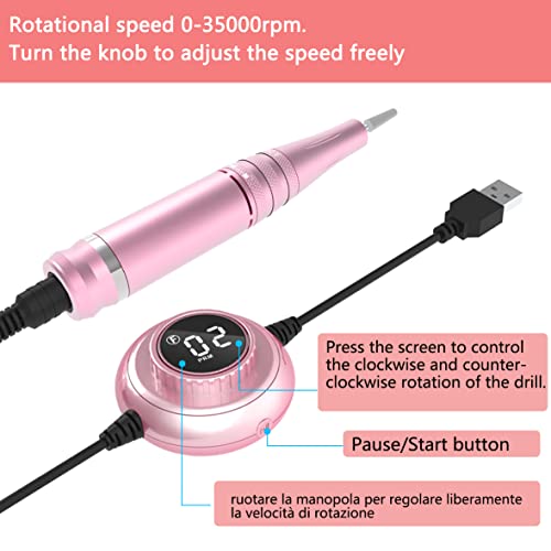 Electric Nail Drill - 35000 rpm Adjustable Portable Nail Drills, Professional Powerful and Quiet Nail File Nail Drills, with Visible Display Screen for Acrylic Gel Nails (Rose Gold) - Image 2