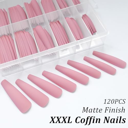 AddFavor XXL Extra Long Press on Nails Coffin Matte Fake Nails Full Cover Acrylic False Nails 12 Sizes 120pcs Pink Nail Tips for Women Fingernails Manicure Design - Image 3