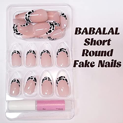 BABALAL Round Press on Nails Short Fake Nails Cow Print French Tip Glue on Nails 24Pcs Oval Acrylic Nails for Women and Girls - Image 3