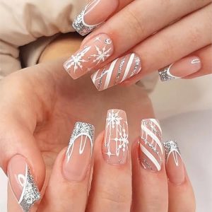 Christmas Snowflake Medium Square Press on Nails 24 PCS Glossy Full Cover for Women