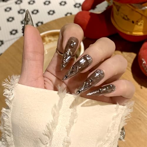 WOMHOPE Press on Nails Handmade Full Cover False Nails with Rhinestone Vintage Black Acrylic Nails for Women and Girls 10pcs/Box Long Almond,Coffin (Medium, Vintage transparent black) - Image 3