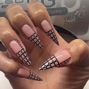 Black Stiletto Press on Nails Medium Long Fake Nails Glue on Nails for Women with Glossy Chessboard Grid Design Cute Acrylic False Nails Full Cover Stick on Nails for Wedding Birthday 24Pcs