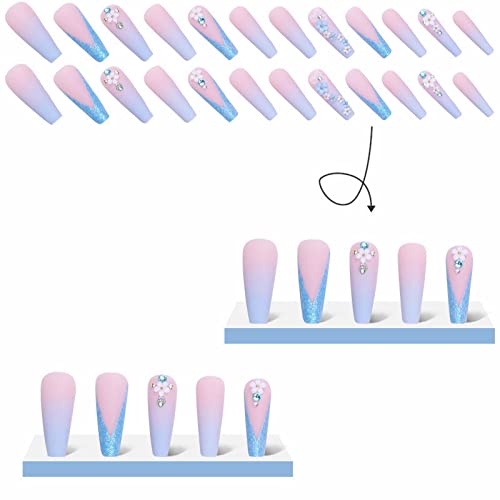 MISUD 24 pcs Long Ballerina Blue Gradient Matte Acrylic Press on Nails with Rhinestones - Image 3